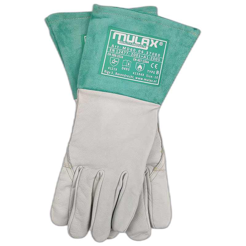 Lashandschoen premium wit/groen gevoerd leder, kevlar gestikt 15 cm kap