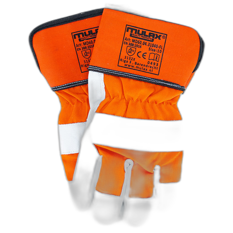 Werkhandschoen boxleder met 10cm beschermkap en palmversteviging oranje/grijs